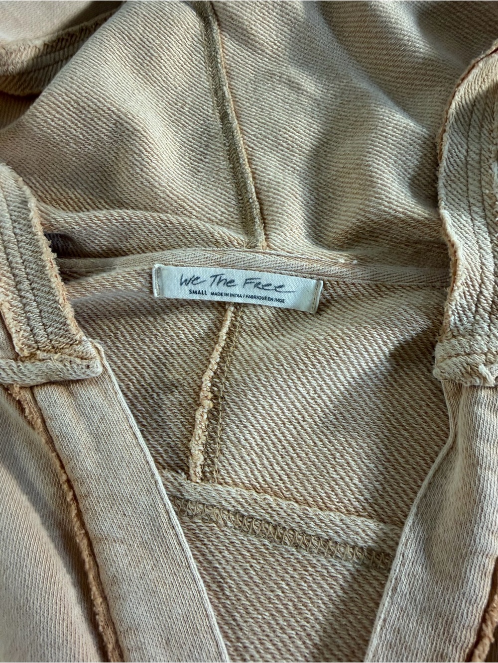 We The PeopleTan Oversized V Neck Hoodie Small Distressed Boho Kangaroo Pocket - Picture 4 of 9